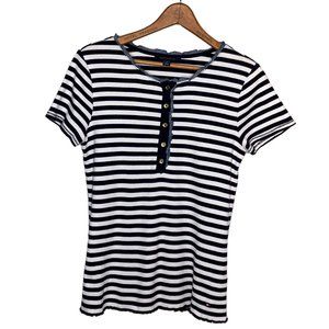 Vintage 00s Y2K Tommy Hilfiger M Blue White Striped Cotton Rib Knit Henley Shirt